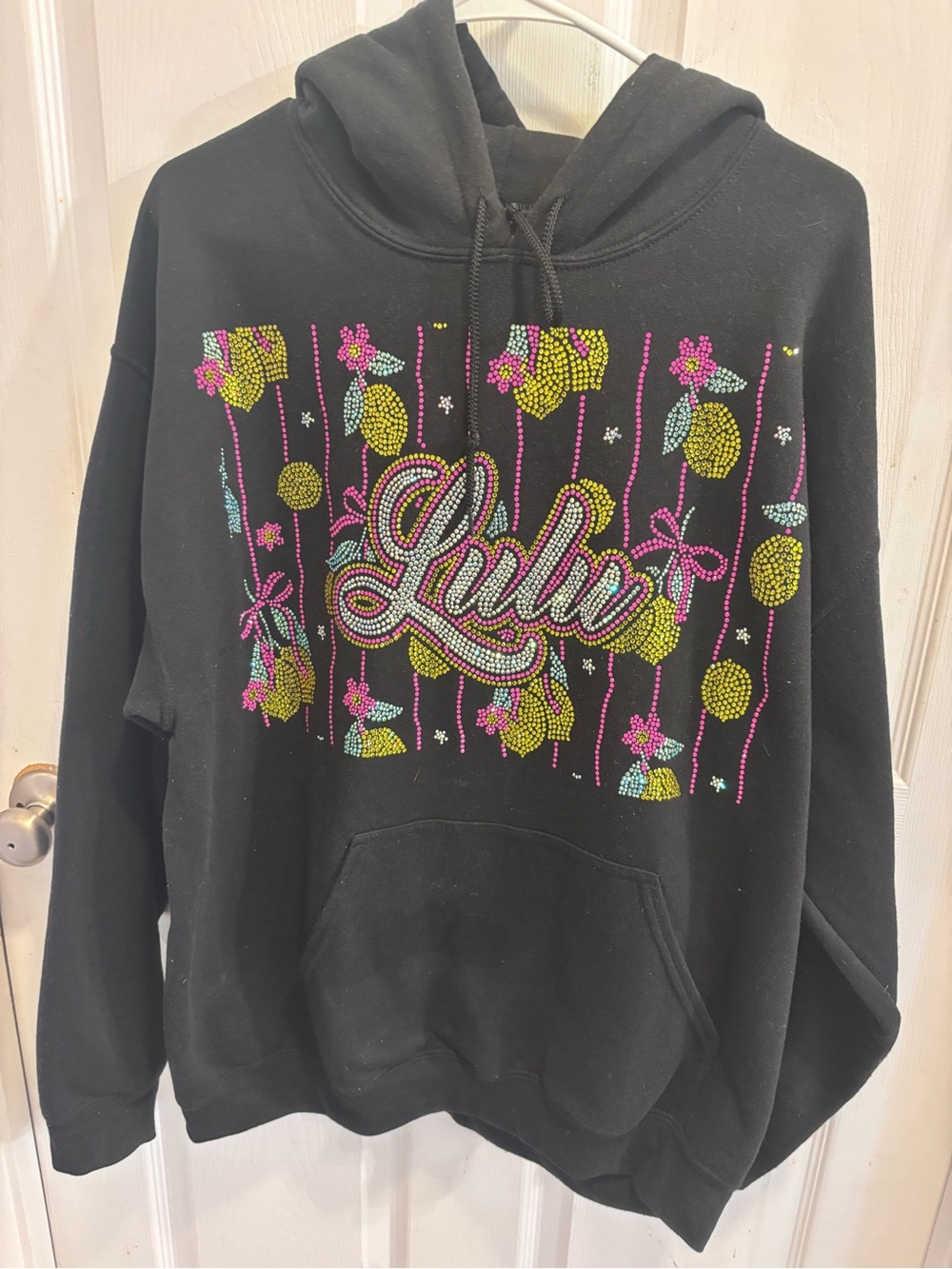 Cheer Extreme Team Lulu Black Embellished Hoodie with Pink & Yellow bling hoodie